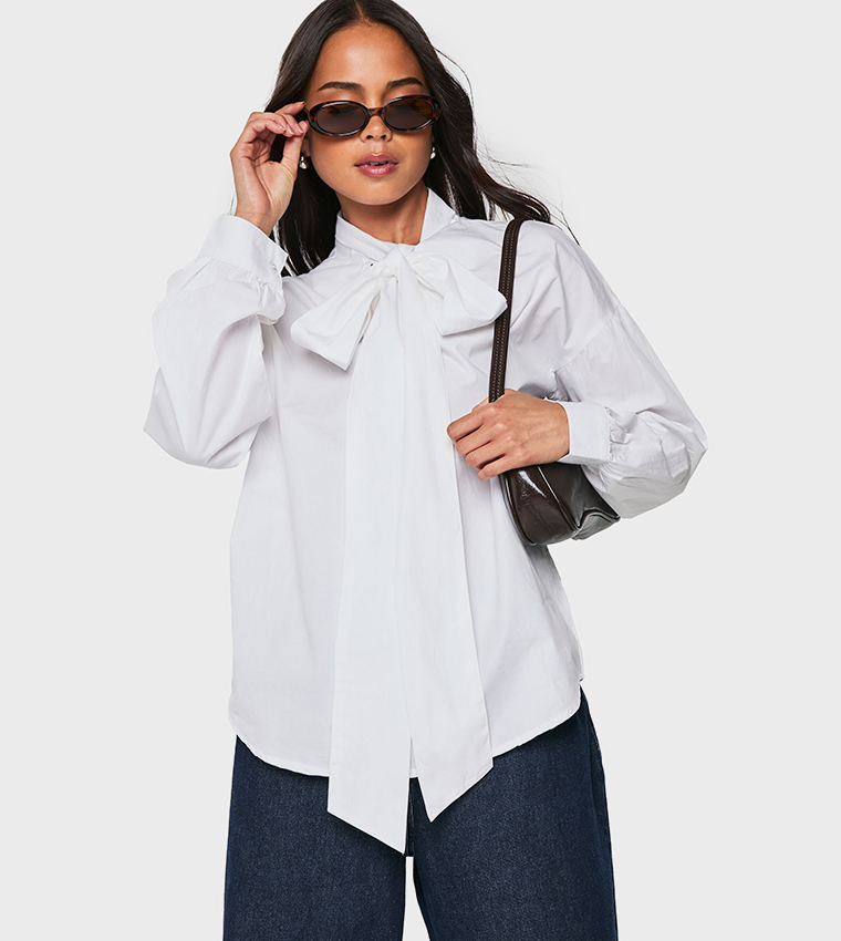 Poplin Pussybow Long Sleeves Top