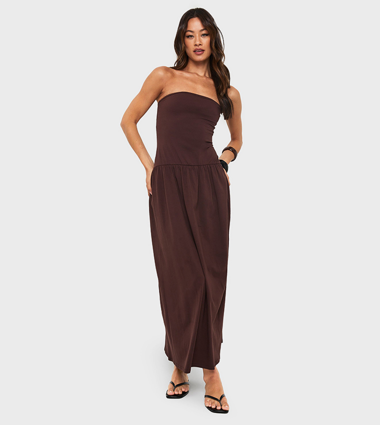 Buy Boohoo Tall Bandeau Dropped Waist Midaxi Dress In Brown | 6thstreet  Bahrain