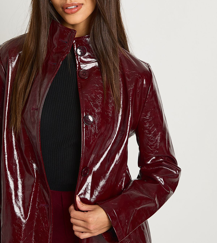 High Shine Faux Leather Trench Coat
