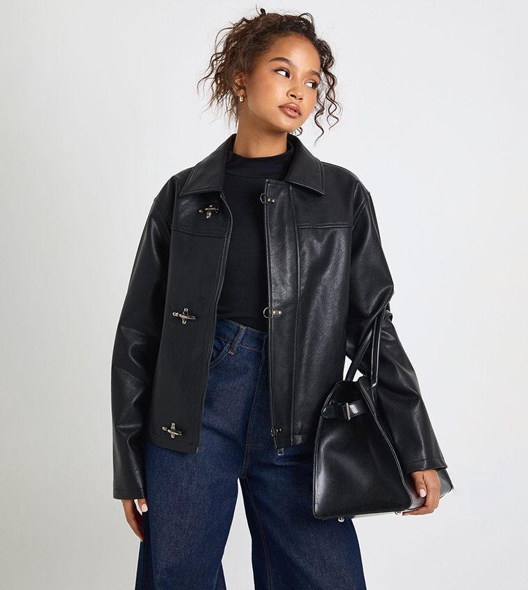 Contrast Clasps Faux Leather Jacket