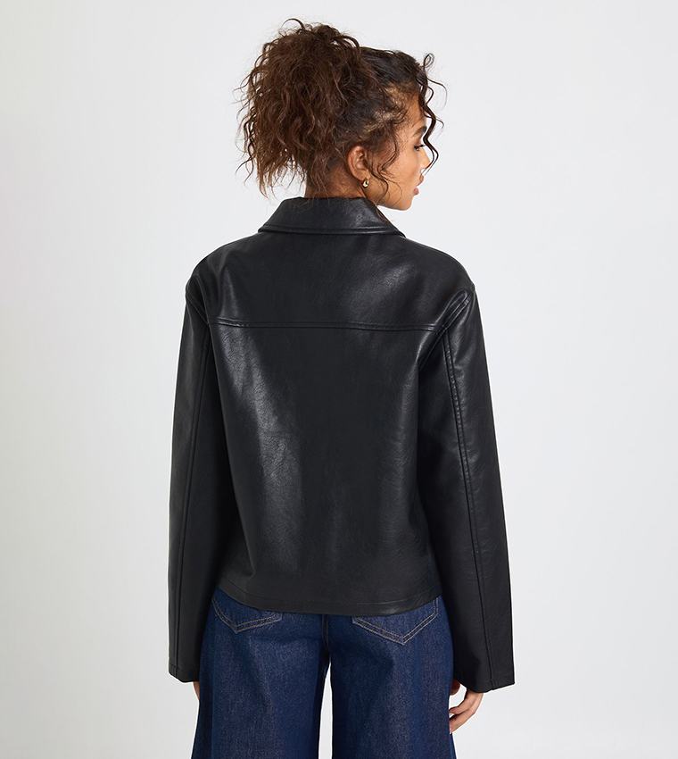 Contrast Clasps Faux Leather Jacket