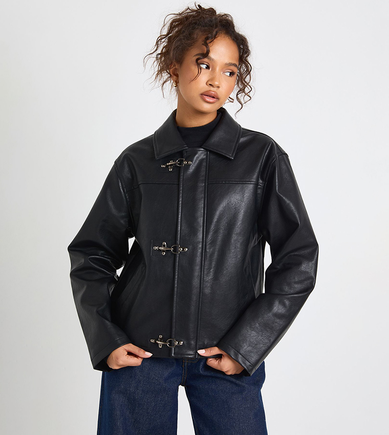 Contrast Clasps Faux Leather Jacket