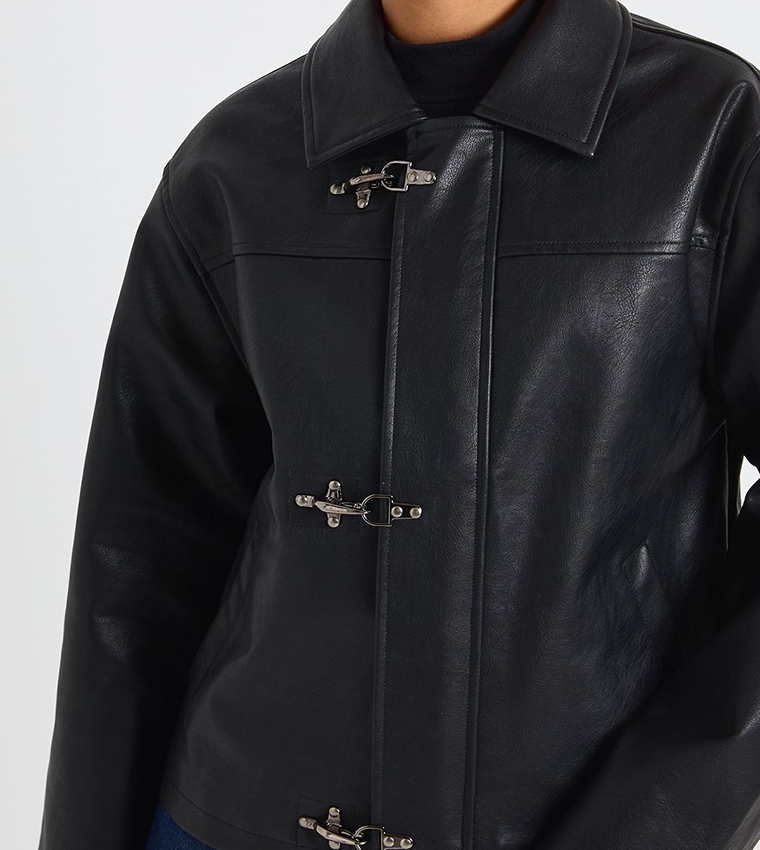 Contrast Clasps Faux Leather Jacket