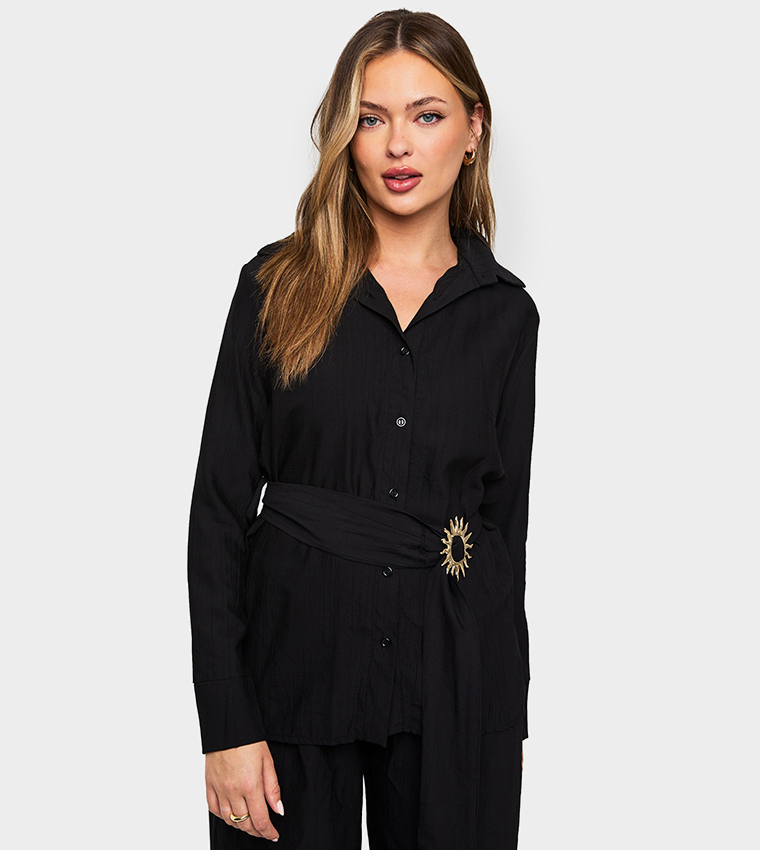 Crinkled Gold Trim Belted Shirt