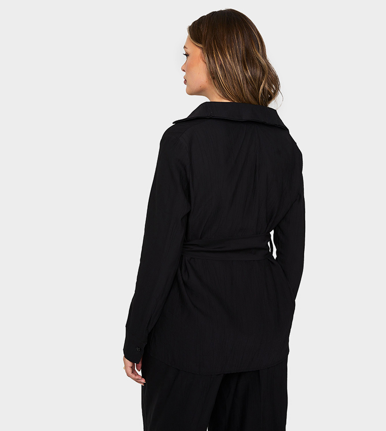 Crinkled Gold Trim Belted Shirt