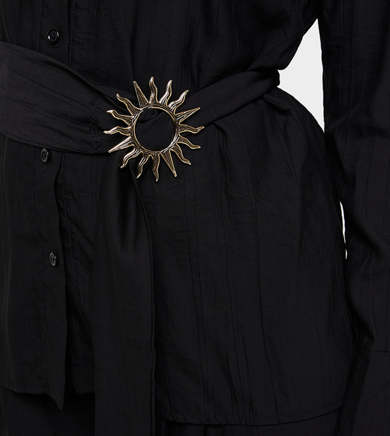 Crinkled Gold Trim Belted Shirt