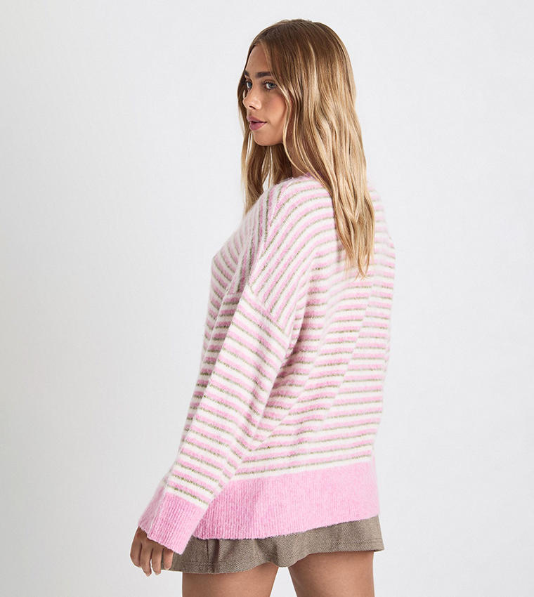 Thin Striped Super Soft Crew Neck Oversized Sweater