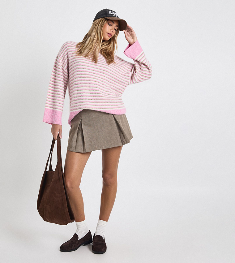Thin Striped Super Soft Crew Neck Oversized Sweater