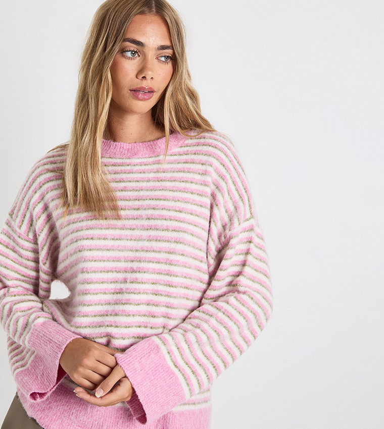 Thin Striped Super Soft Crew Neck Oversized Sweater