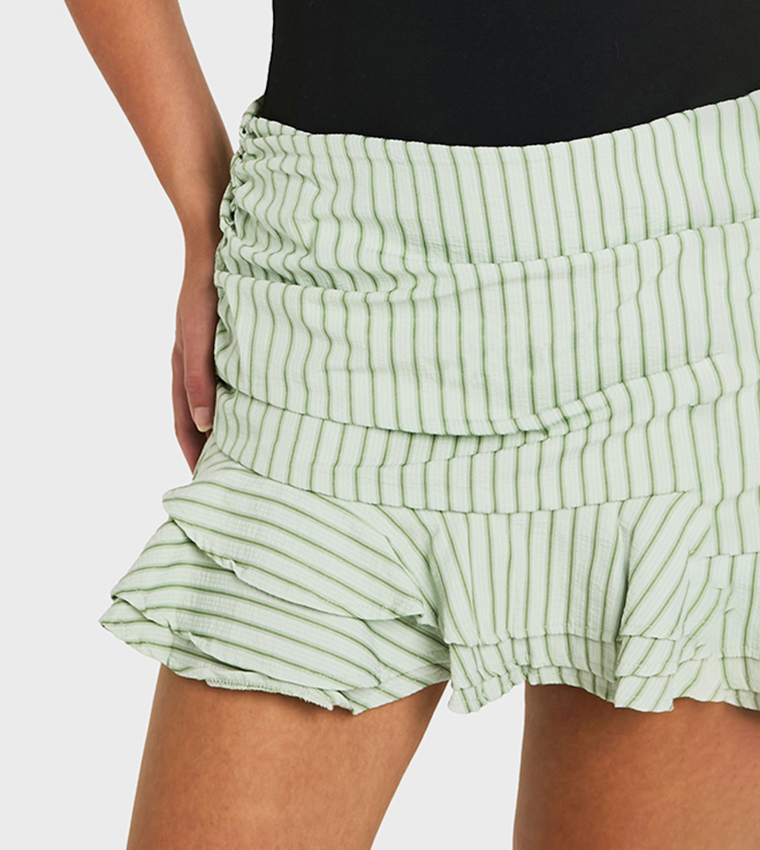 Striped Seersucker Ruffle Micro Mini Skirt