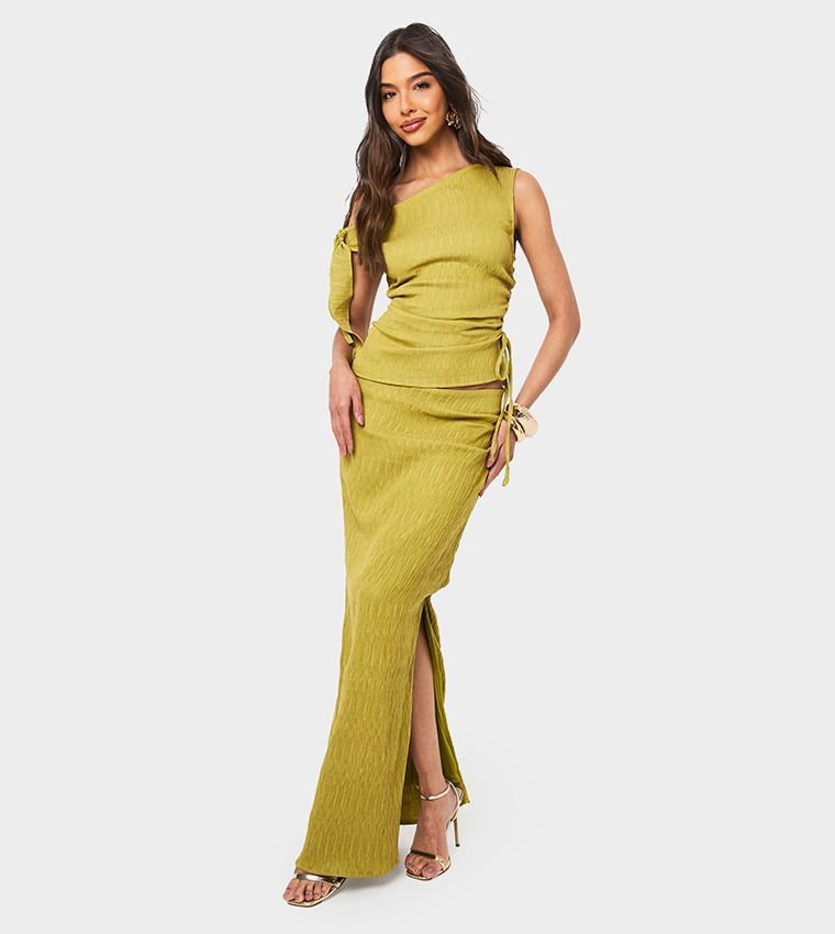 Textured Ruched Asymmetric Shoulder Top