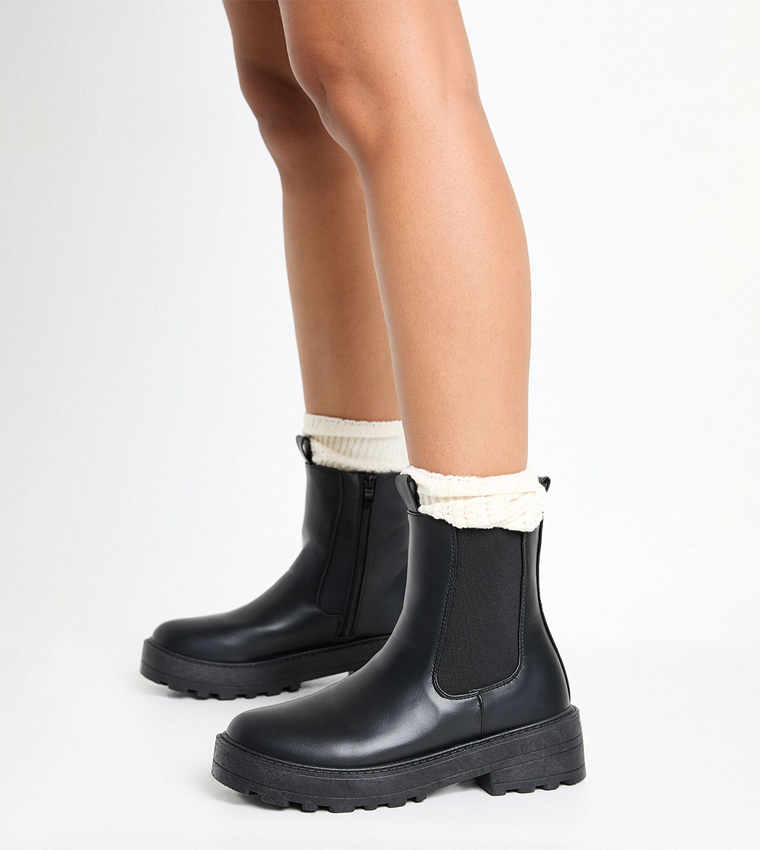 Textured Elastic Panel Chunky Chelsea Boots