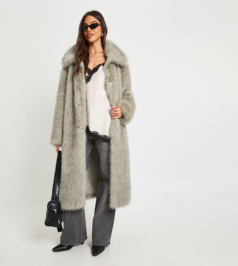 Collared Button Up Midaxi Fur Coat