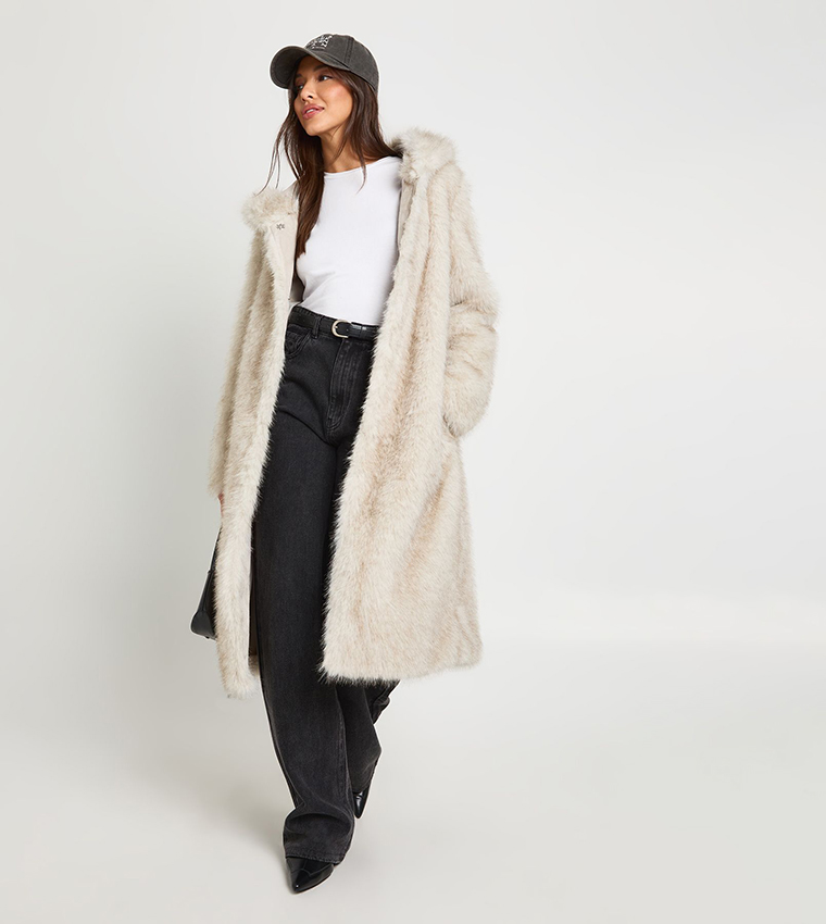 Hooded Belted Fur Maxi Coat