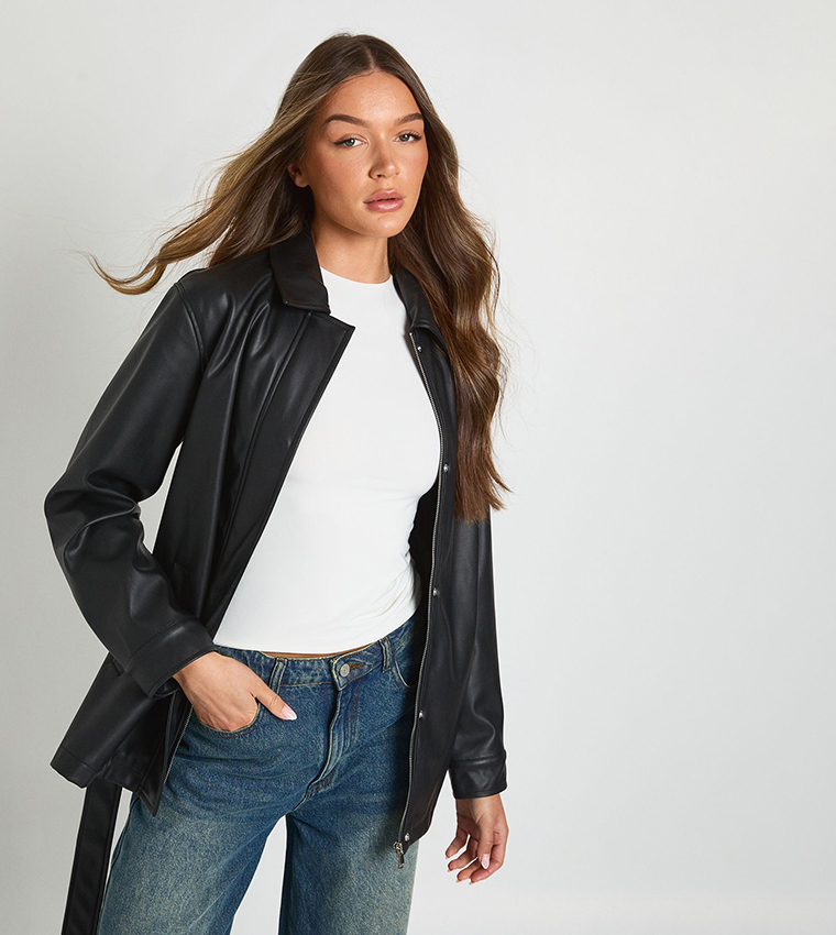 Faux Leather Belted Jacket
