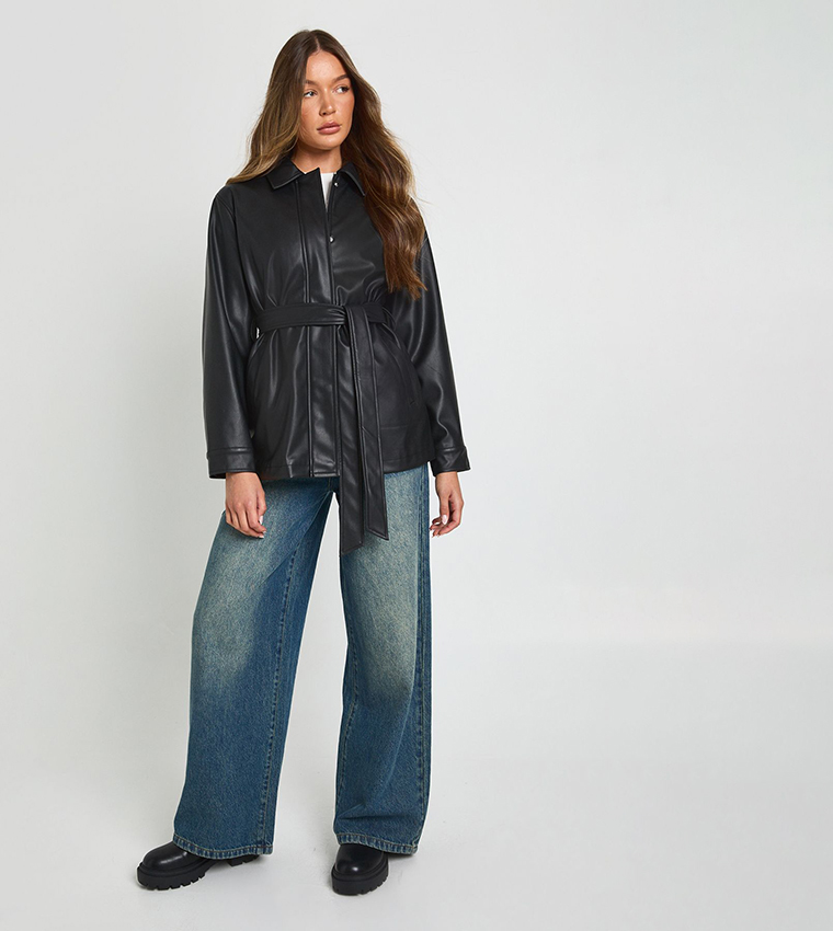 Faux Leather Belted Jacket