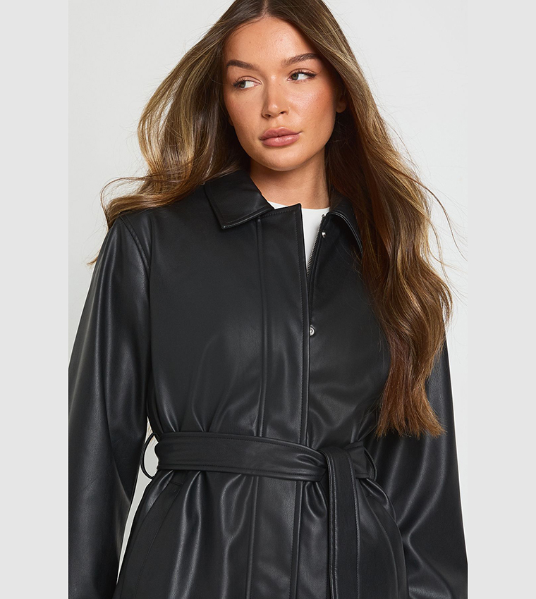 Faux Leather Belted Jacket