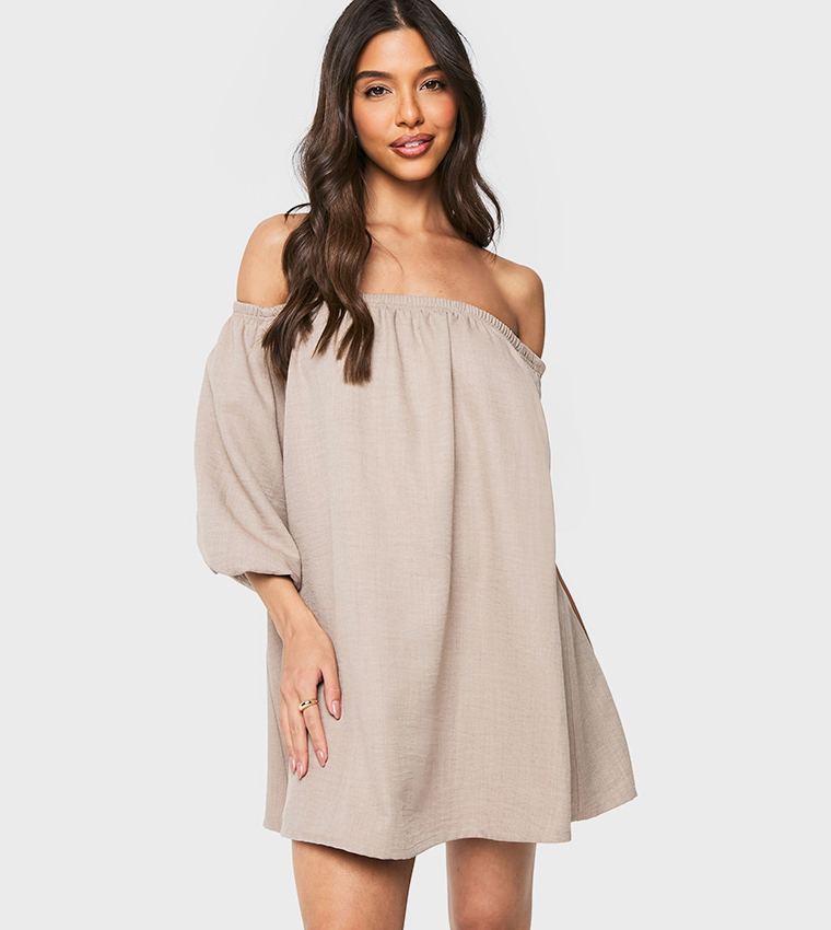 Buy Boohoo Linen Look Bardot Smock Dress In STONE 6thStreet Qatar