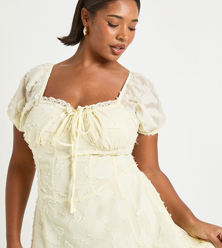 Buy Boohoo Curve Burnout Milkmaid Midi Dress In Beige | 6thStreet Oman