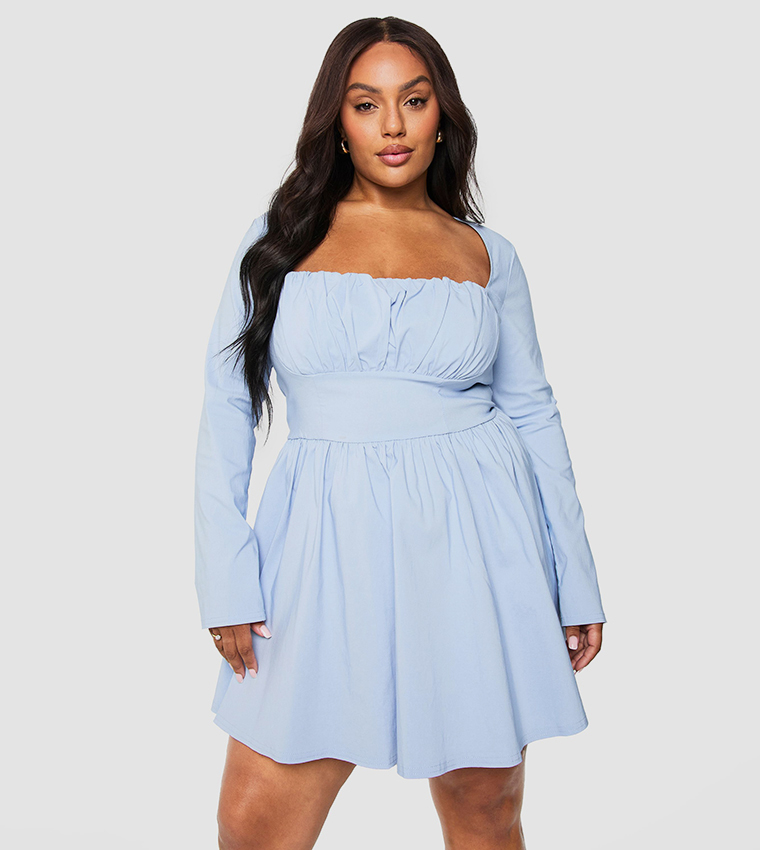 Buy Boohoo Curve Bengaline Corset Long Sleeves Skater Dress In