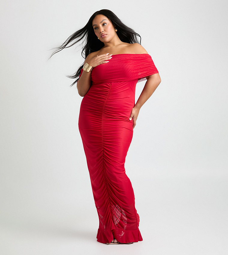 Curve Ruched Mesh Bardot Maxi Dress