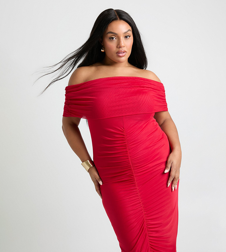 Curve Ruched Mesh Bardot Maxi Dress