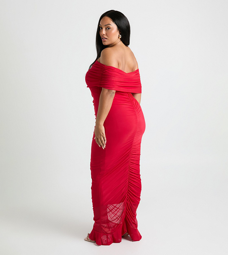 Curve Ruched Mesh Bardot Maxi Dress