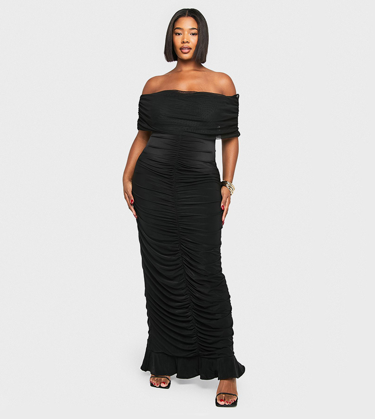 Curve Mesh Bardot Ruched Maxi Dress