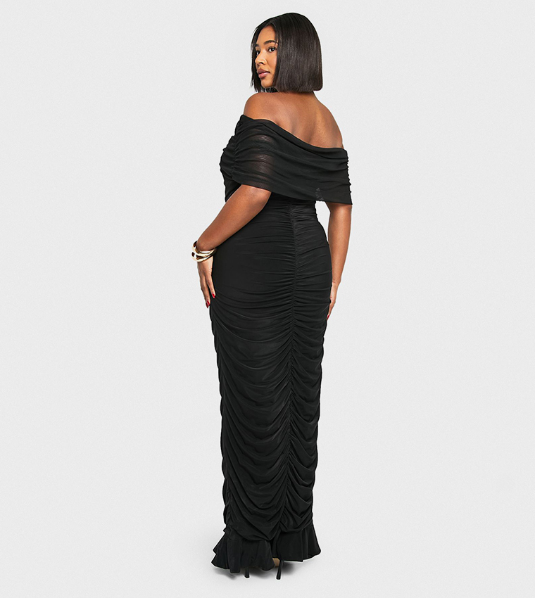 Curve Mesh Bardot Ruched Maxi Dress
