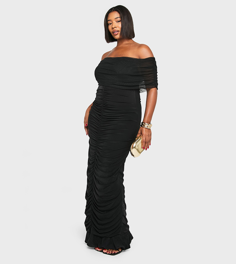 Curve Mesh Bardot Ruched Maxi Dress