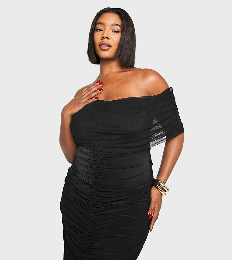 Curve Mesh Bardot Ruched Maxi Dress