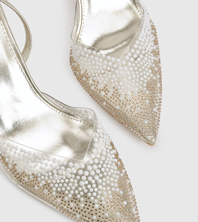 Pearl Embellished Slingback Pumps
