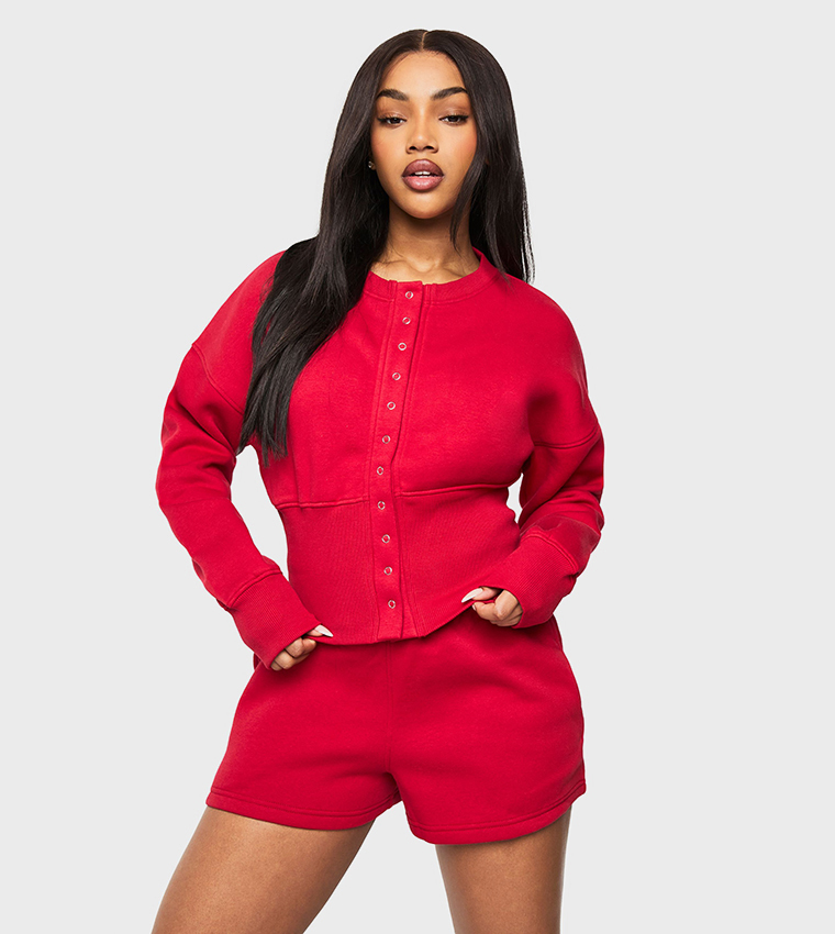 Deep Hem Popper Bomber Shorty Tracksuit Set