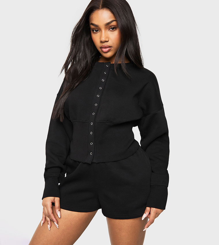 Deep Hem Popper Bomber Shorty Tracksuit Set