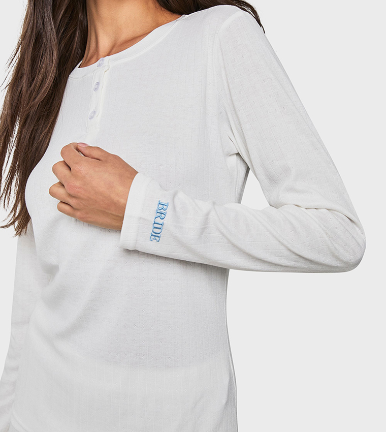 Bride' Embroidered Long Sleeves Bridal Top & Shorts Pyjama Set