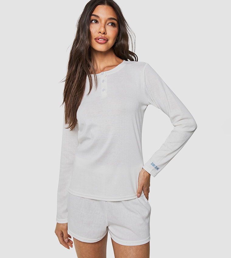 Bride' Embroidered Long Sleeves Bridal Top & Shorts Pyjama Set