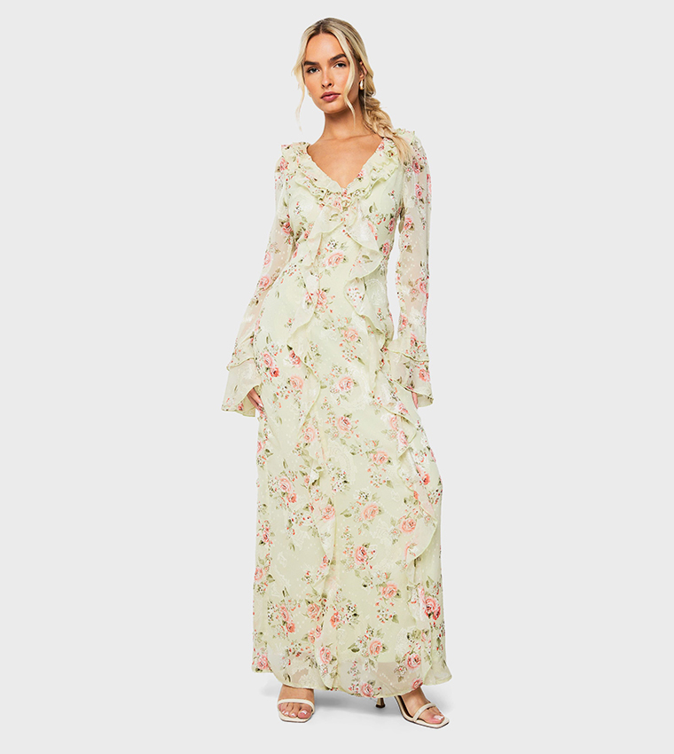 Floral Jacquard Chiffon Ruffle Maxi Dress
