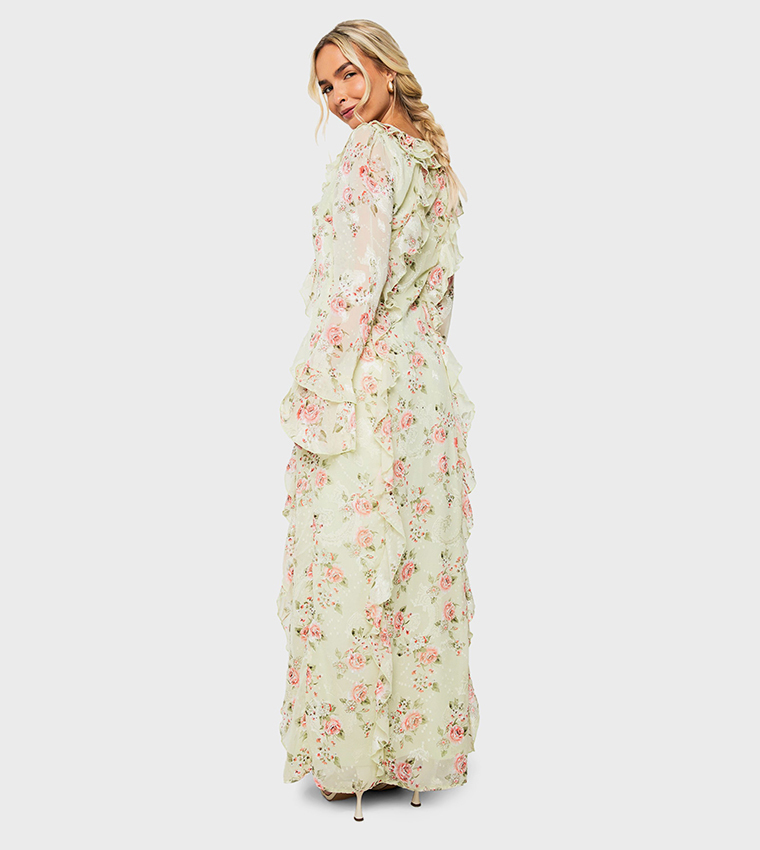 Floral Jacquard Chiffon Ruffle Maxi Dress