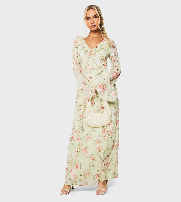 Floral Jacquard Chiffon Ruffle Maxi Dress