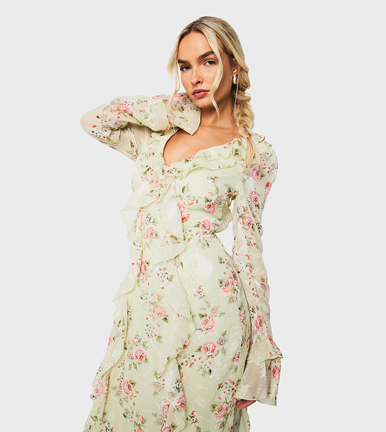 Floral Jacquard Chiffon Ruffle Maxi Dress