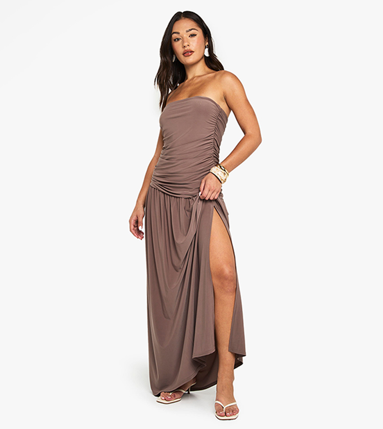 Buy Boohoo Petite Slinky Ruched Bandeau Maxi Dress In Beige
