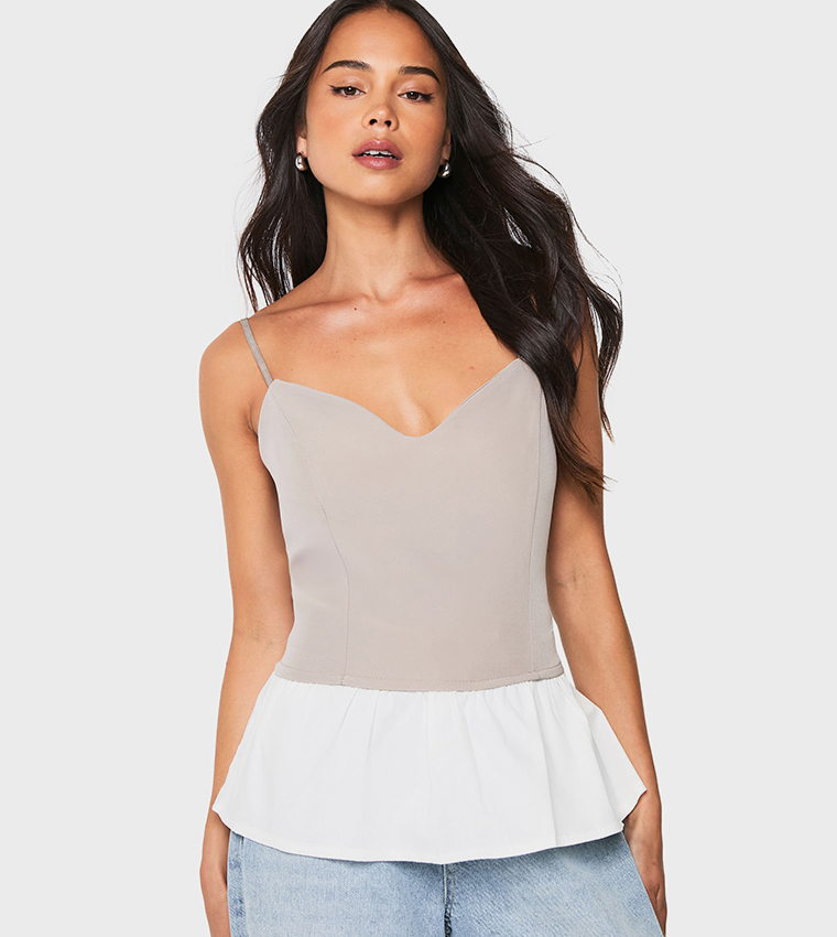 Buy Boohoo Color Block Ruffle Hem Cami Top In Beige 6thStreet UAE