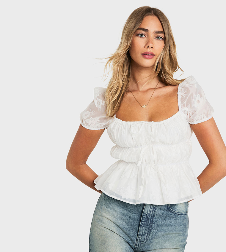 Buy Boohoo Burnout Puff Sleeves Milkmaid Top In White 6thStreet