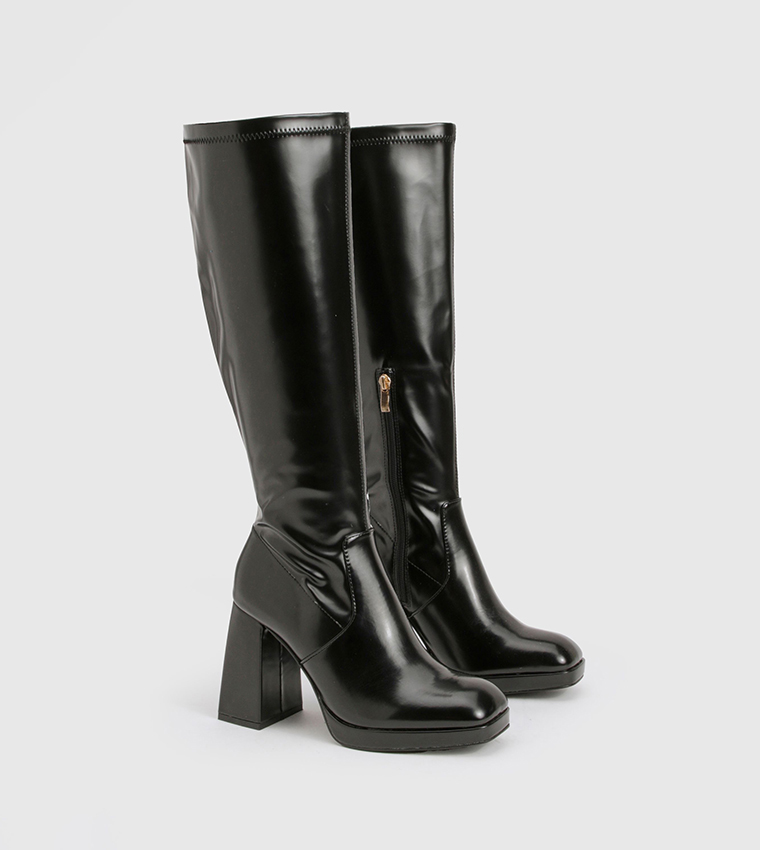 Solid Block Heel Knee High Boots