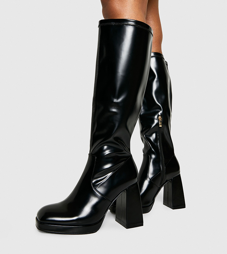 Solid Block Heel Knee High Boots