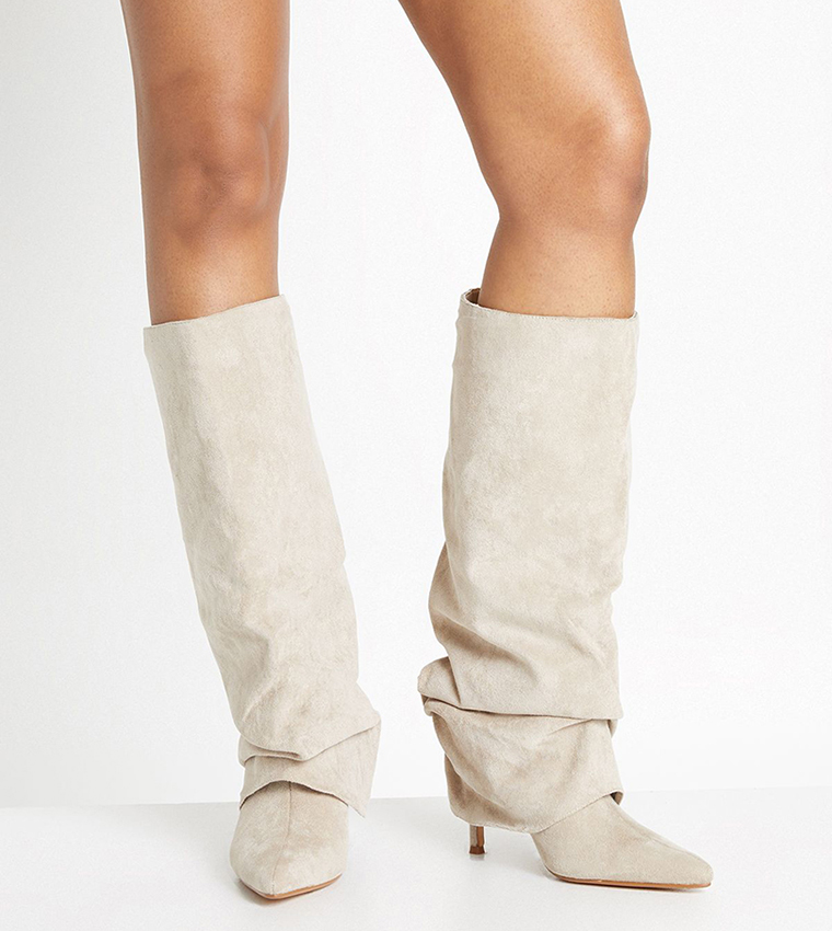 Faux Suede Fold Over Stiletto Knee High Boots