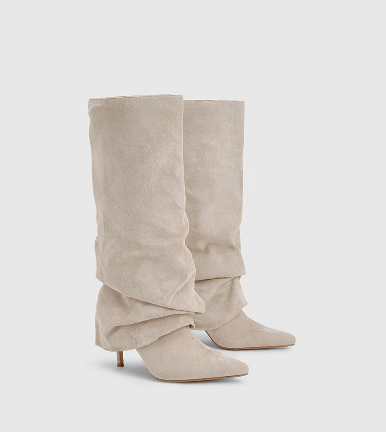 Faux Suede Fold Over Stiletto Knee High Boots