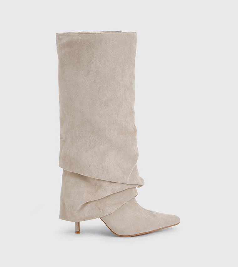 Faux Suede Fold Over Stiletto Knee High Boots