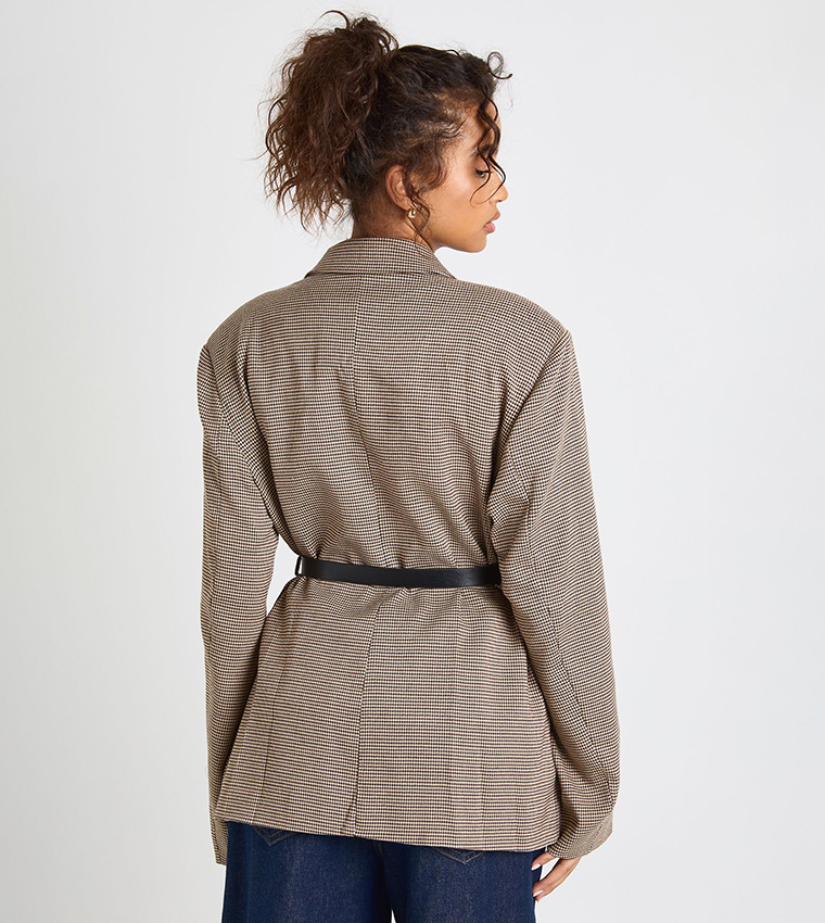 Houndstooth Belted Double Breasted Blazer