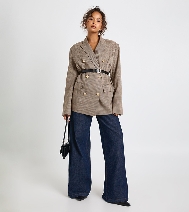 Houndstooth Belted Double Breasted Blazer